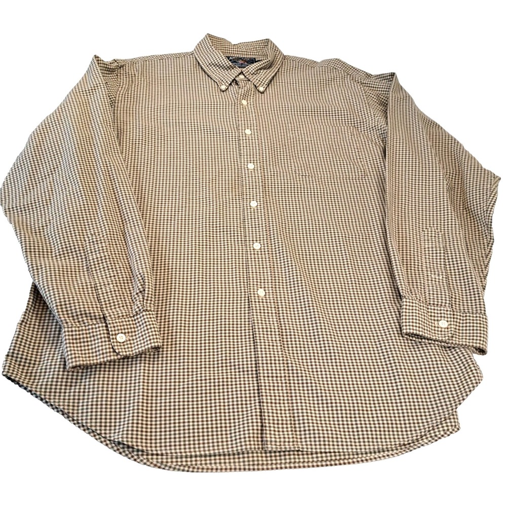 American Living Mens XXL Button Down Long Sleeve Shirt Checked Tan & White